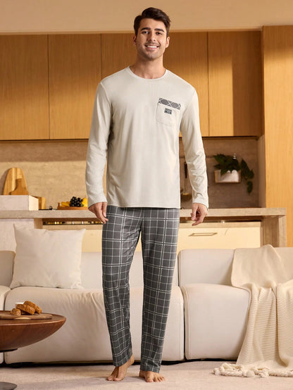 Provexi Men's Plaid Long Sleeve Shirt & Pants Pajama Set, Fall Winter Clothes