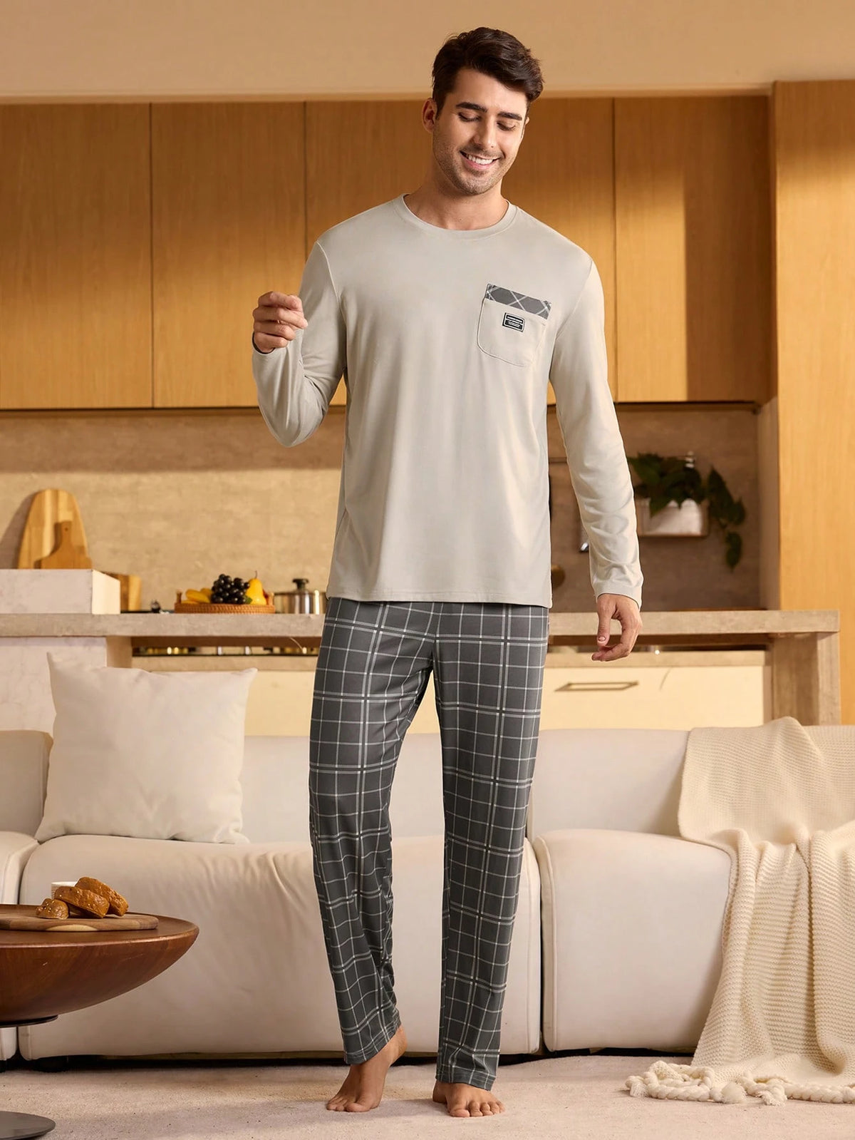 Provexi Men's Plaid Long Sleeve Shirt & Pants Pajama Set, Fall Winter Clothes