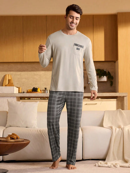 Provexi Men's Plaid Long Sleeve Shirt & Pants Pajama Set, Fall Winter Clothes