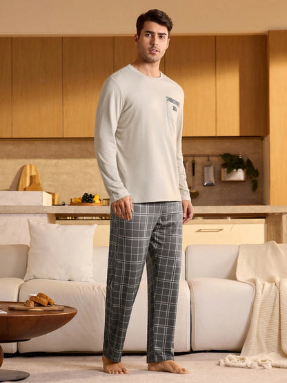 Provexi Men's Plaid Long Sleeve Shirt & Pants Pajama Set, Fall Winter Clothes