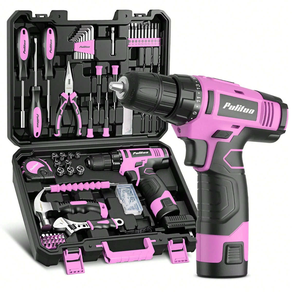 PULITUO 12V Cordless Drill Set With 126-Piece Complete Tool Kit, Electric Screwdriver With Battery & Charger, Lightweight Power Drill For Home DIY, Furniture Repair And Car Maintenance