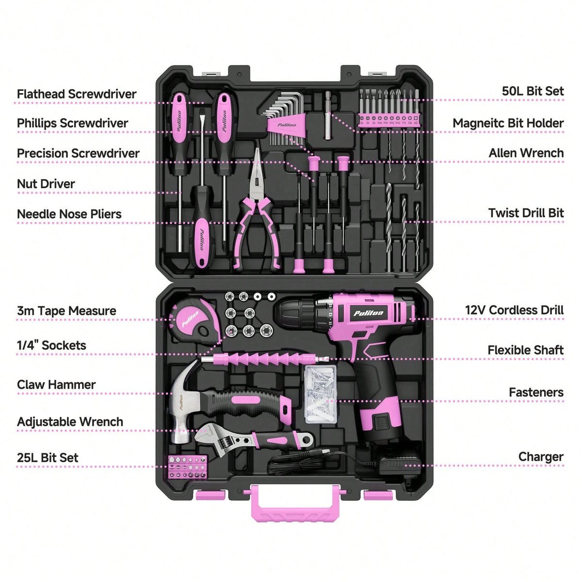 PULITUO 12V Cordless Drill Set With 126-Piece Complete Tool Kit, Electric Screwdriver With Battery & Charger, Lightweight Power Drill For Home DIY, Furniture Repair And Car Maintenance