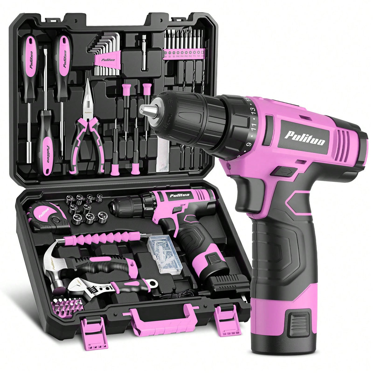 PULITUO 12V Cordless Drill Set With 126-Piece Complete Tool Kit, Electric Screwdriver With Battery & Charger, Lightweight Power Drill For Home DIY, Furniture Repair And Car Maintenance