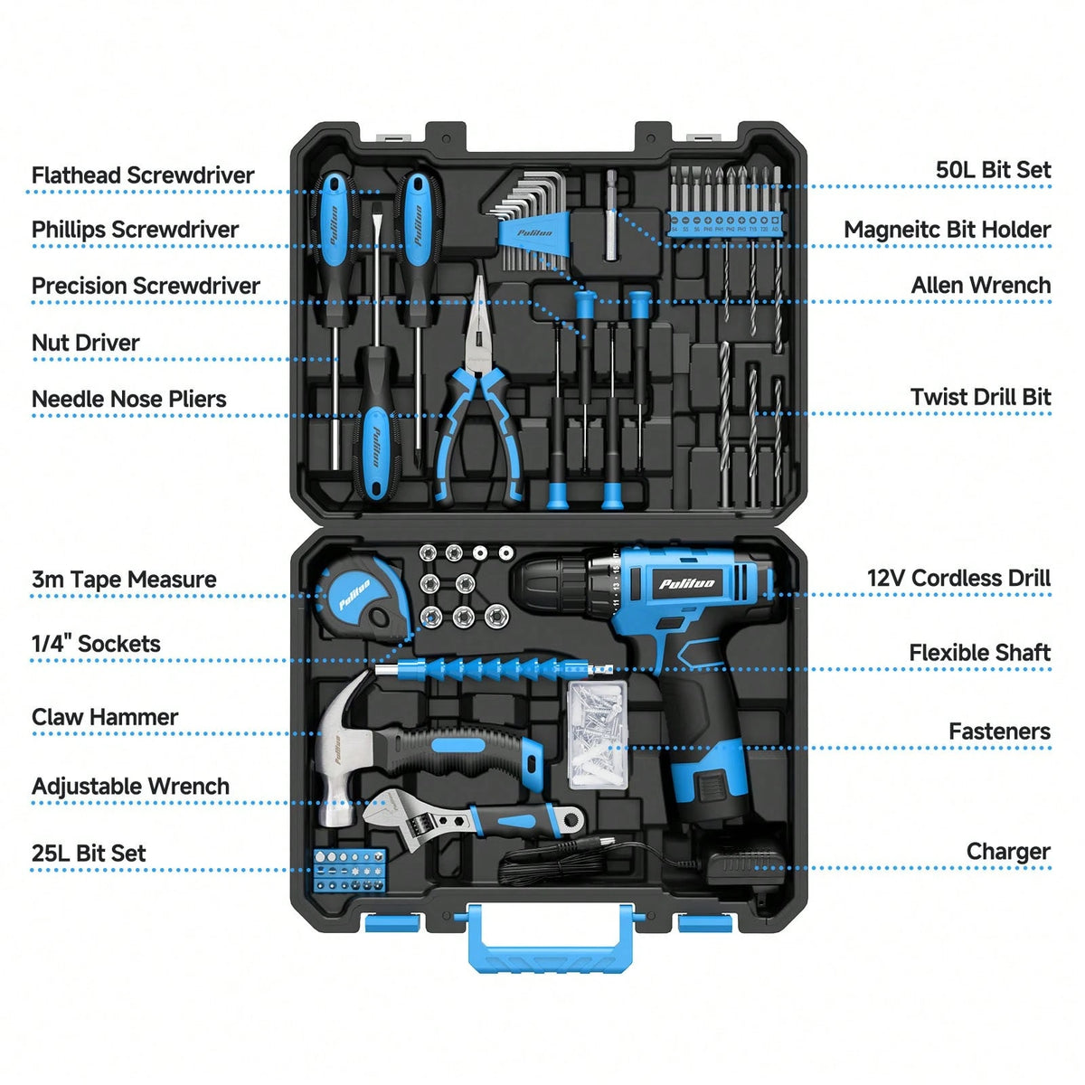 PULITUO Cute 12V Cordless Drill Set For Women, 126-Piece Home Tool Kit With Battery & Charger, Lightweight Electric Screwdriver With Accessories For DIY, Furniture Repair And Home Projects