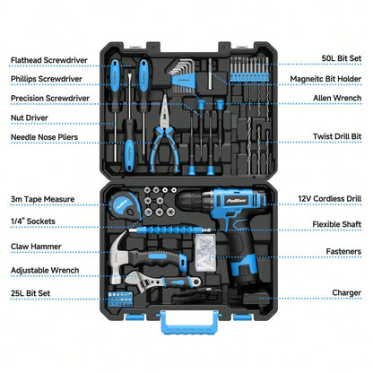 PULITUO Cute 12V Cordless Drill Set For Women, 126-Piece Home Tool Kit With Battery & Charger, Lightweight Electric Screwdriver With Accessories For DIY, Furniture Repair And Home Projects