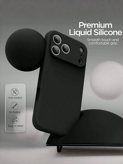 Pure Black Silicone-Feel Phone Case, Faux Leather Texture Inner Lining, Summer Daily Anti-Drop Anti-Scratch Protective Cover, Durable Digital Accessory, Compatible With 17 Pro Max Phone Case, 13, 16 P
