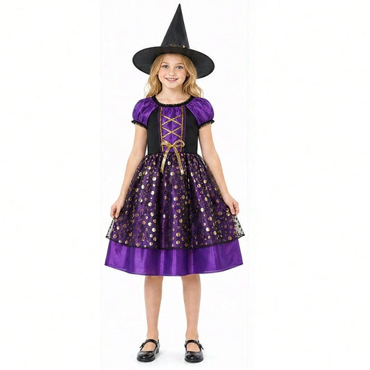 Purple Gold Elegant Little Witch Character Dress Up Wizard Dress Up, Little Girl Makeup Ball Dress Up Prop, Halloween Witch Party Costume