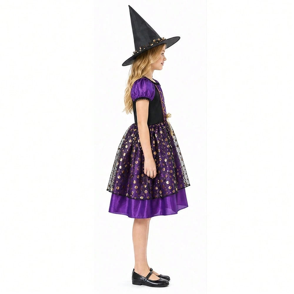 Purple Gold Elegant Little Witch Character Dress Up Wizard Dress Up, Little Girl Makeup Ball Dress Up Prop, Halloween Witch Party Costume