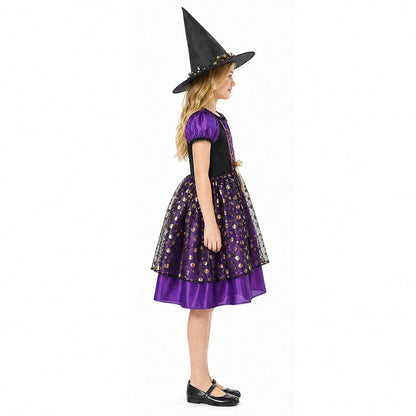 Purple Gold Elegant Little Witch Character Dress Up Wizard Dress Up, Little Girl Makeup Ball Dress Up Prop, Halloween Witch Party Costume
