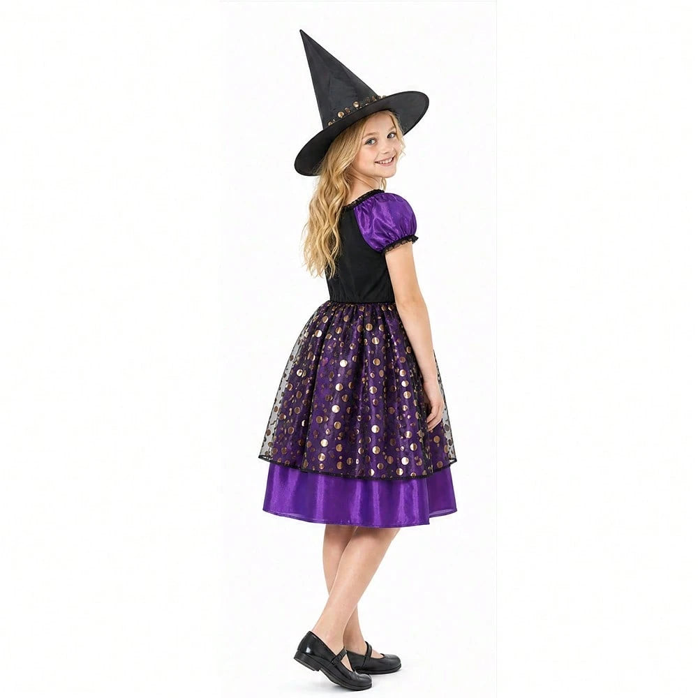 Purple Gold Elegant Little Witch Character Dress Up Wizard Dress Up, Little Girl Makeup Ball Dress Up Prop, Halloween Witch Party Costume