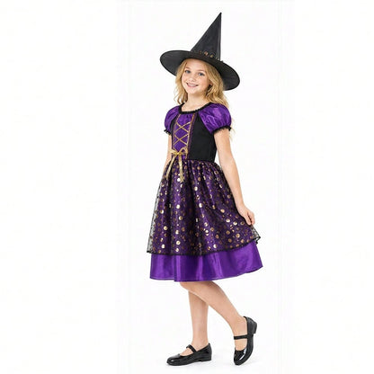 Purple Gold Elegant Little Witch Character Dress Up Wizard Dress Up, Little Girl Makeup Ball Dress Up Prop, Halloween Witch Party Costume