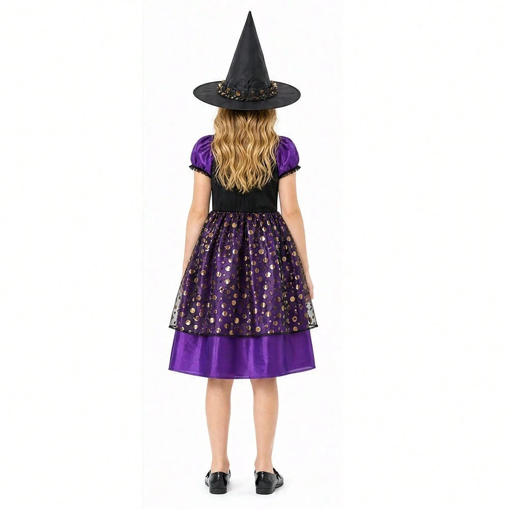 Purple Gold Elegant Little Witch Character Dress Up Wizard Dress Up, Little Girl Makeup Ball Dress Up Prop, Halloween Witch Party Costume