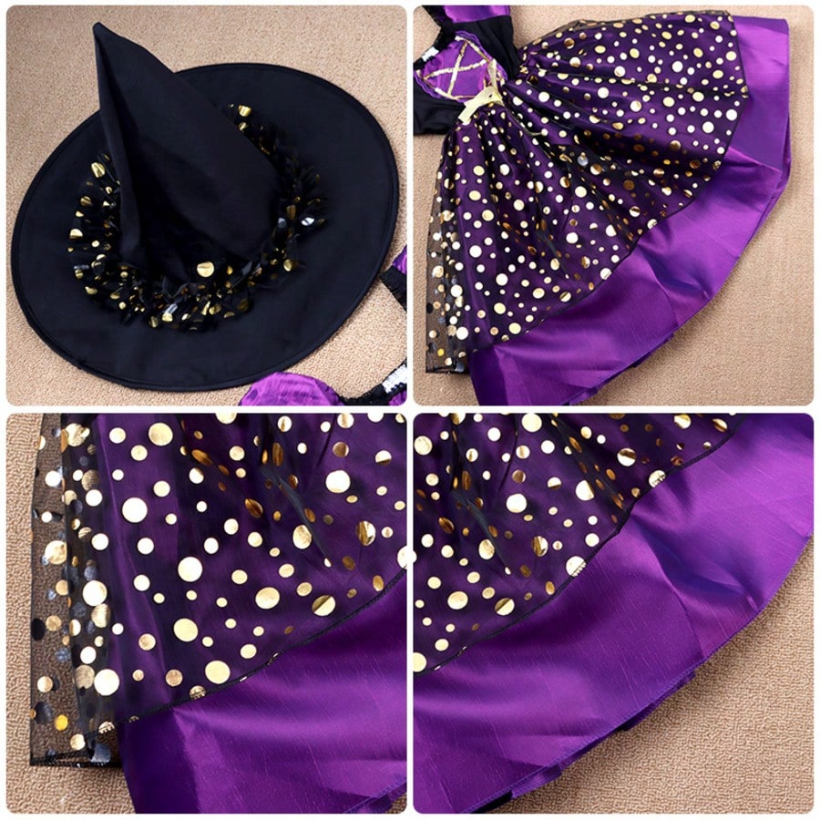 Purple Gold Elegant Little Witch Character Dress Up Wizard Dress Up, Little Girl Makeup Ball Dress Up Prop, Halloween Witch Party Costume
