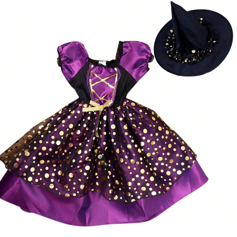 Purple Gold Elegant Little Witch Character Dress Up Wizard Dress Up, Little Girl Makeup Ball Dress Up Prop, Halloween Witch Party Costume