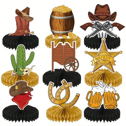Q9 Pcs West Cowboy Honeycomb Centerpieces, 3D Cowboy Party Decorations, Tables Cowboy Party Decorations Western Themed Party Decorations Cowboy Birthday Party Plies Boys Girls1