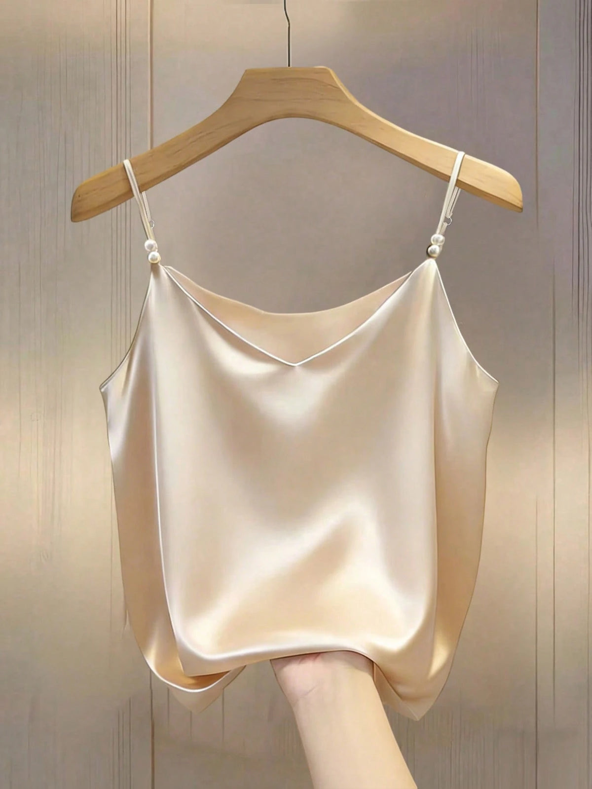 Qadelle Elegant Commuter Chic French Style V-Neck Satin Camisole Top With Pearl Decor, For Women