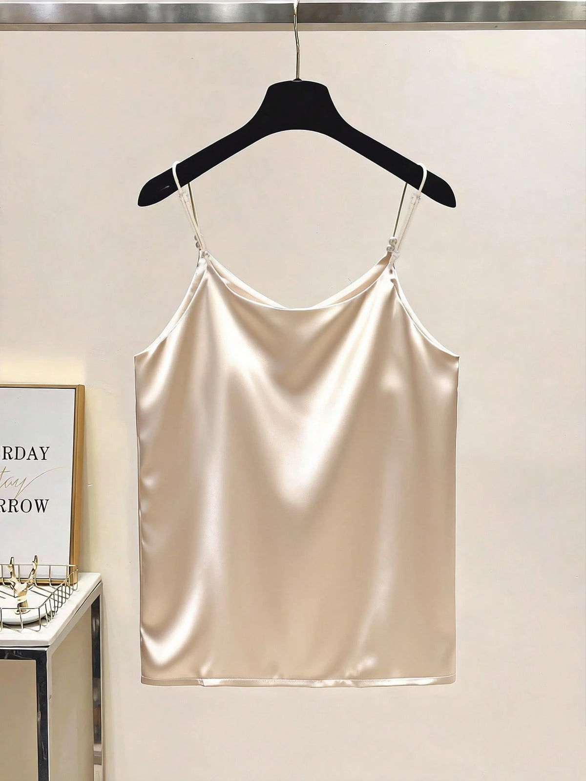 Qadelle Elegant Commuter Chic French Style V-Neck Satin Camisole Top With Pearl Decor, For Women