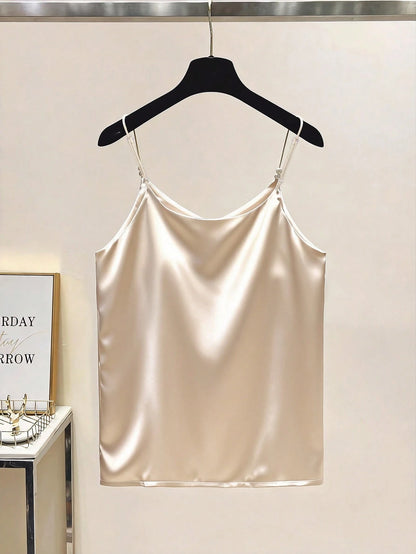 Qadelle Elegant Commuter Chic French Style V-Neck Satin Camisole Top With Pearl Decor, For Women