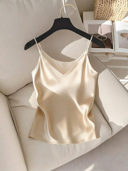 Qadelle Elegant Commuter Chic French Style V-Neck Satin Camisole Top With Pearl Decor, For Women