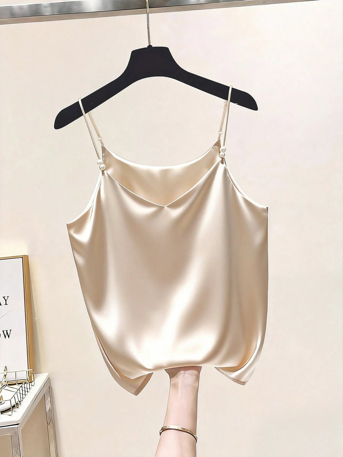Qadelle Elegant Commuter Chic French Style V-Neck Satin Camisole Top With Pearl Decor, For Women