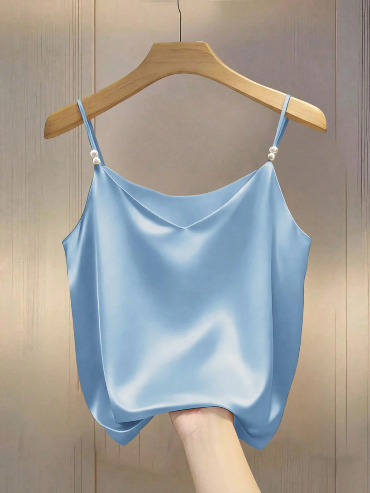 Qadelle Elegant Commuter Chic French Style V-Neck Satin Camisole Top With Pearl Decor, For Women