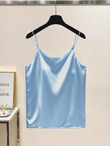 Qadelle Elegant Commuter Chic French Style V-Neck Satin Camisole Top With Pearl Decor, For Women