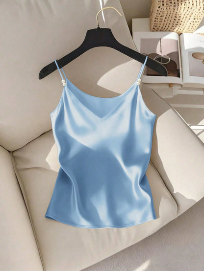 Qadelle Elegant Commuter Chic French Style V-Neck Satin Camisole Top With Pearl Decor, For Women