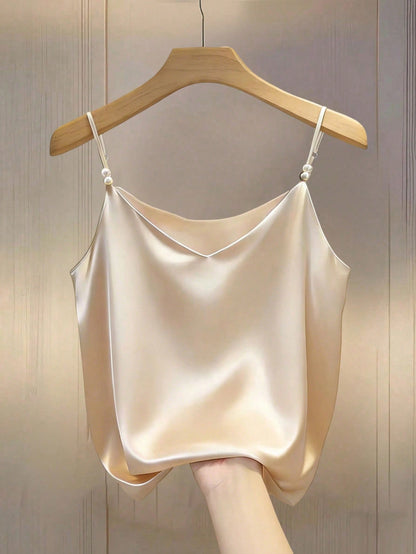 Qadelle Elegant Commuter Chic French Style V-Neck Satin Camisole Top With Pearl Decor, For Women