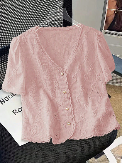 Qadelle Women Commuting Simple Solid Color Short Sleeve Shirt, Casual & Fashionable For Daily Wear