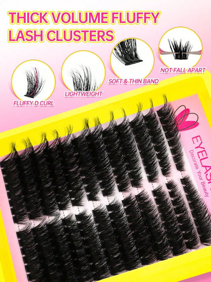 Queenice 192/160/60pcs D-Curl Fluffy Cat Eye Style Left & Right Eye Lash Clusters 80D 100D DIY Single Lash Dense Soft Lightweight False Eyelash Set Suitable For Beginners Home Daily Party Travel Music