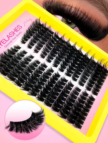Queenice 192/160/60pcs D-Curl Fluffy Cat Eye Style Left & Right Eye Lash Clusters 80D 100D DIY Single Lash Dense Soft Lightweight False Eyelash Set Suitable For Beginners Home Daily Party Travel Music