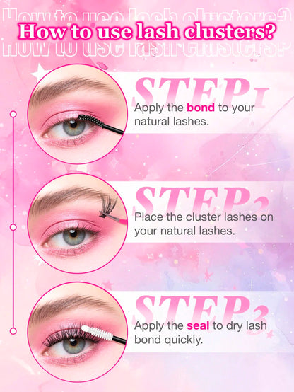 Queenice 192/160/60pcs D-Curl Fluffy Cat Eye Style Left & Right Eye Lash Clusters 80D 100D DIY Single Lash Dense Soft Lightweight False Eyelash Set Suitable For Beginners Home Daily Party Travel Music