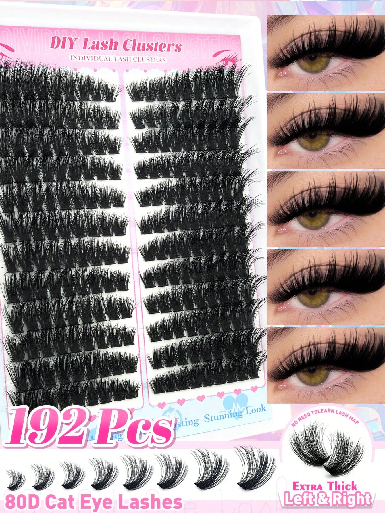 Queenice 192/160/60pcs D-Curl Fluffy Cat Eye Style Left & Right Eye Lash Clusters 80D 100D DIY Single Lash Dense Soft Lightweight False Eyelash Set Suitable For Beginners Home Daily Party Travel Music