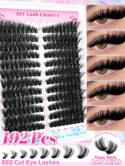 Queenice 192/160/60pcs D-Curl Fluffy Cat Eye Style Left & Right Eye Lash Clusters 80D 100D DIY Single Lash Dense Soft Lightweight False Eyelash Set Suitable For Beginners Home Daily Party Travel Music