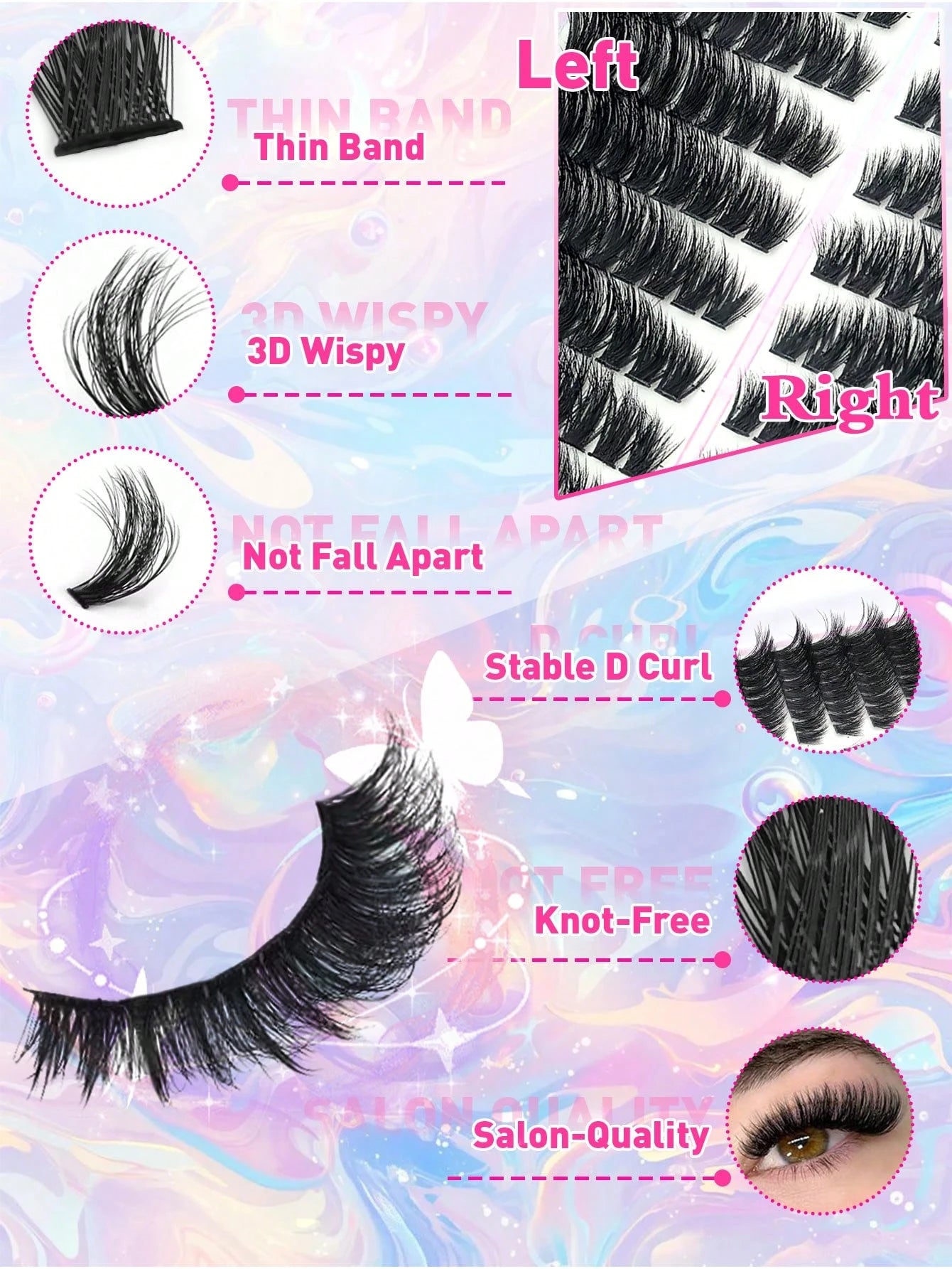 Queenice 192/160/60pcs D-Curl Fluffy Cat Eye Style Left & Right Eye Lash Clusters 80D 100D DIY Single Lash Dense Soft Lightweight False Eyelash Set Suitable For Beginners Home Daily Party Travel Music
