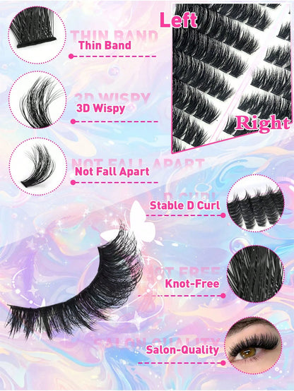 Queenice 192/160/60pcs D-Curl Fluffy Cat Eye Style Left & Right Eye Lash Clusters 80D 100D DIY Single Lash Dense Soft Lightweight False Eyelash Set Suitable For Beginners Home Daily Party Travel Music