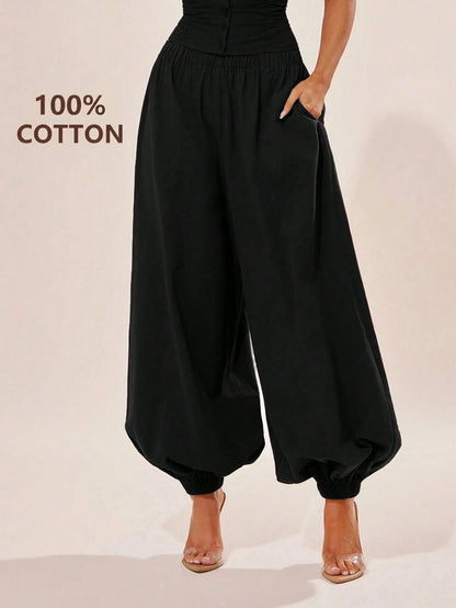 Radiana Breathable Women's Black Cotton Loose Fit Ruffled Waist Harem Pants