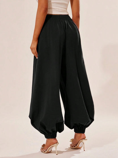 Radiana Breathable Women's Black Cotton Loose Fit Ruffled Waist Harem Pants