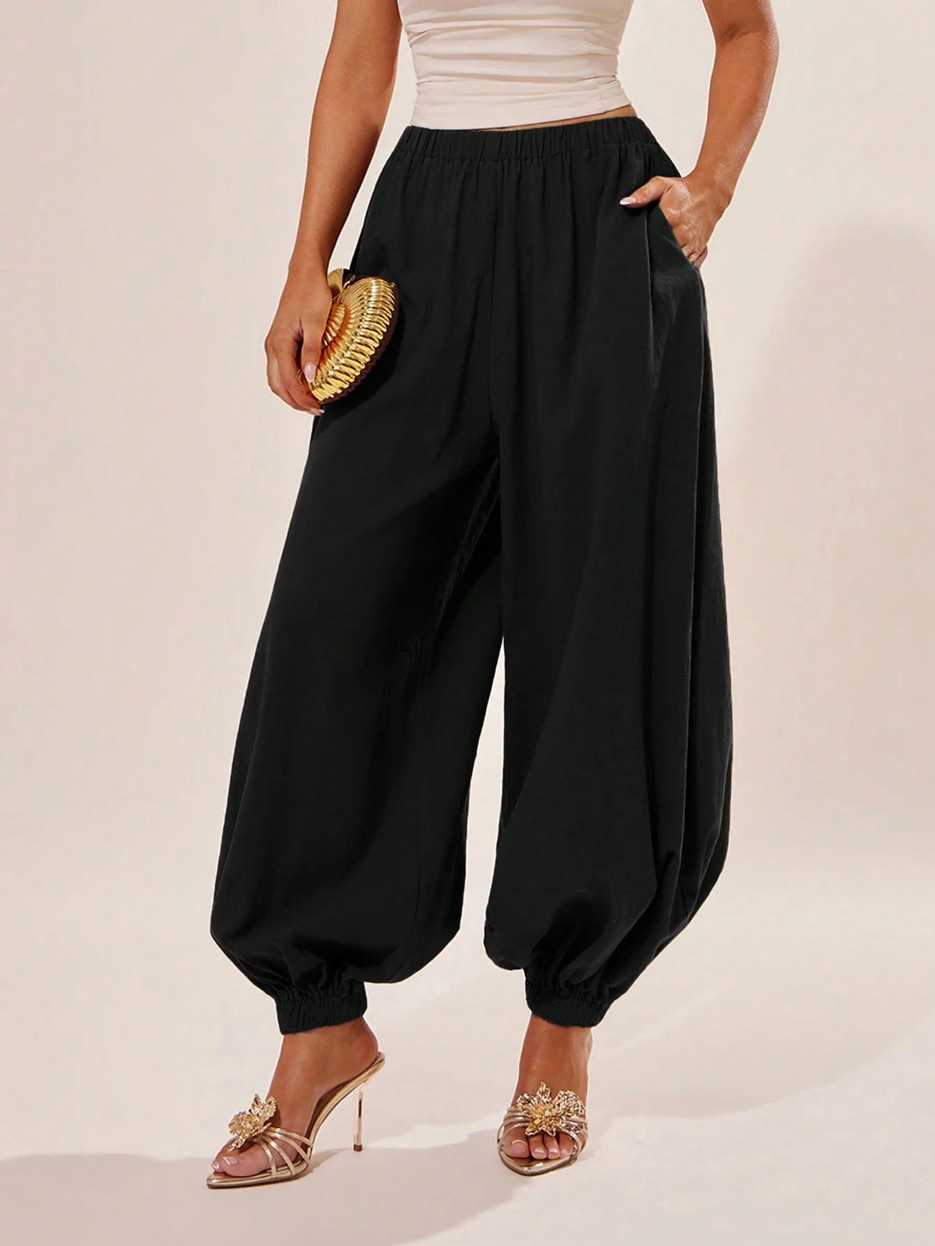 Radiana Breathable Women's Black Cotton Loose Fit Ruffled Waist Harem Pants