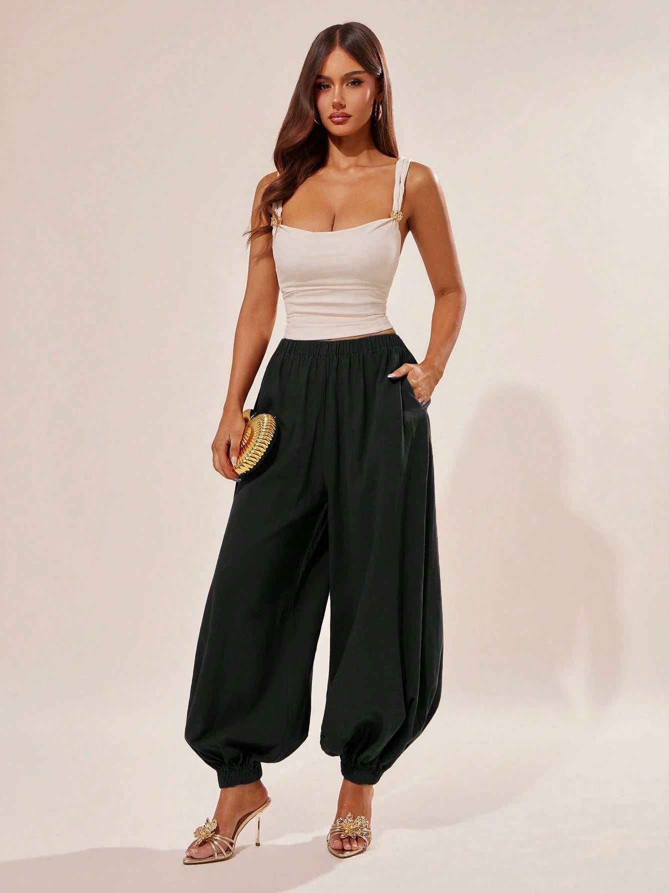 Radiana Breathable Women's Black Cotton Loose Fit Ruffled Waist Harem Pants