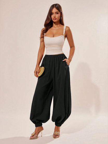 Radiana Breathable Women's Black Cotton Loose Fit Ruffled Waist Harem Pants