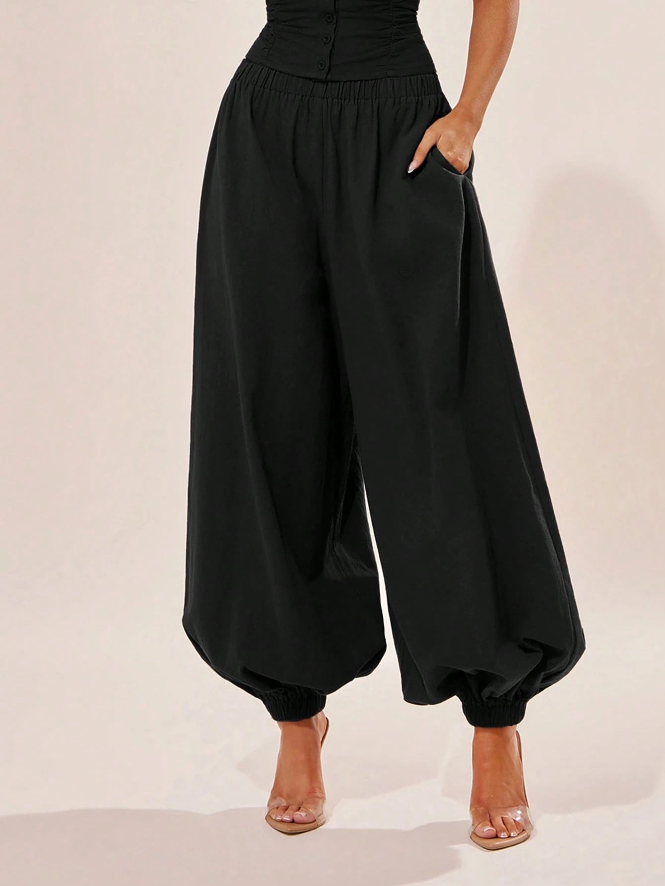 Radiana Breathable Women's Black Cotton Loose Fit Ruffled Waist Harem Pants
