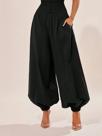 Radiana Breathable Women's Black Cotton Loose Fit Ruffled Waist Harem Pants
