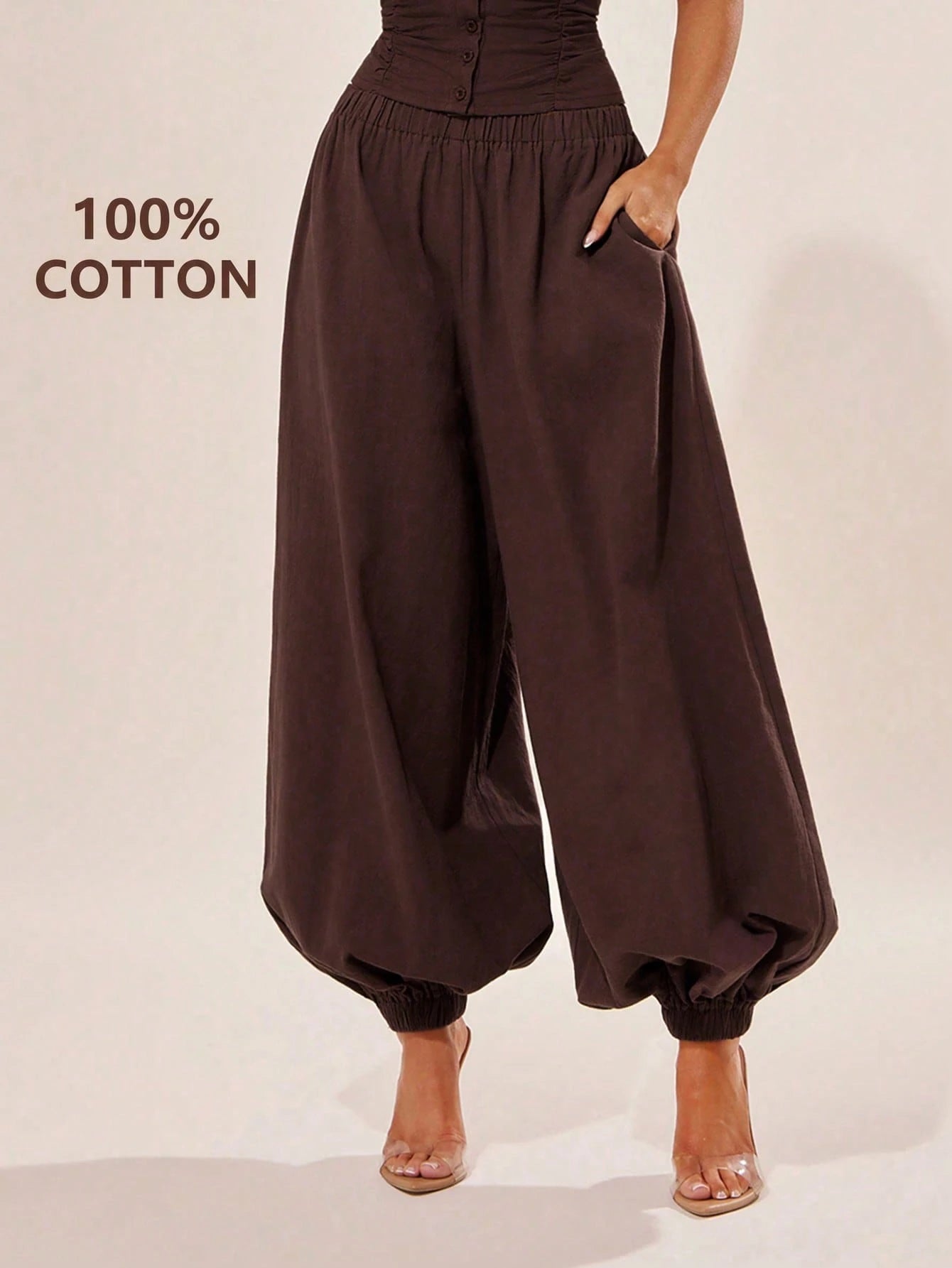 Radiana Breathable Women's Black Cotton Loose Fit Ruffled Waist Harem Pants