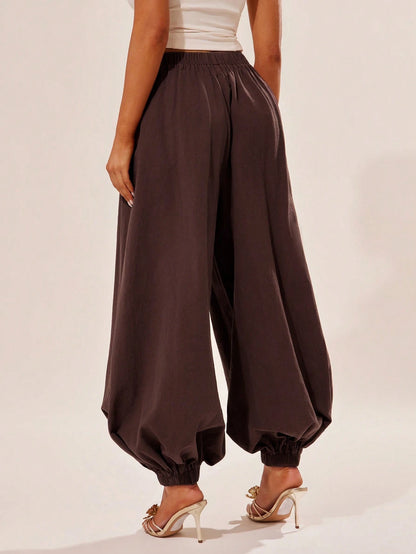 Radiana Breathable Women's Black Cotton Loose Fit Ruffled Waist Harem Pants