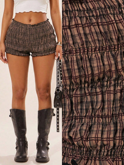 Radiana Brown Plaid Summer Grunge Punk Party Women Pleated Low Waist Super Short Casual Shorts,Ruffle Hem Hotpants,Preppy Style Festival Cowgirl Skirt Pants