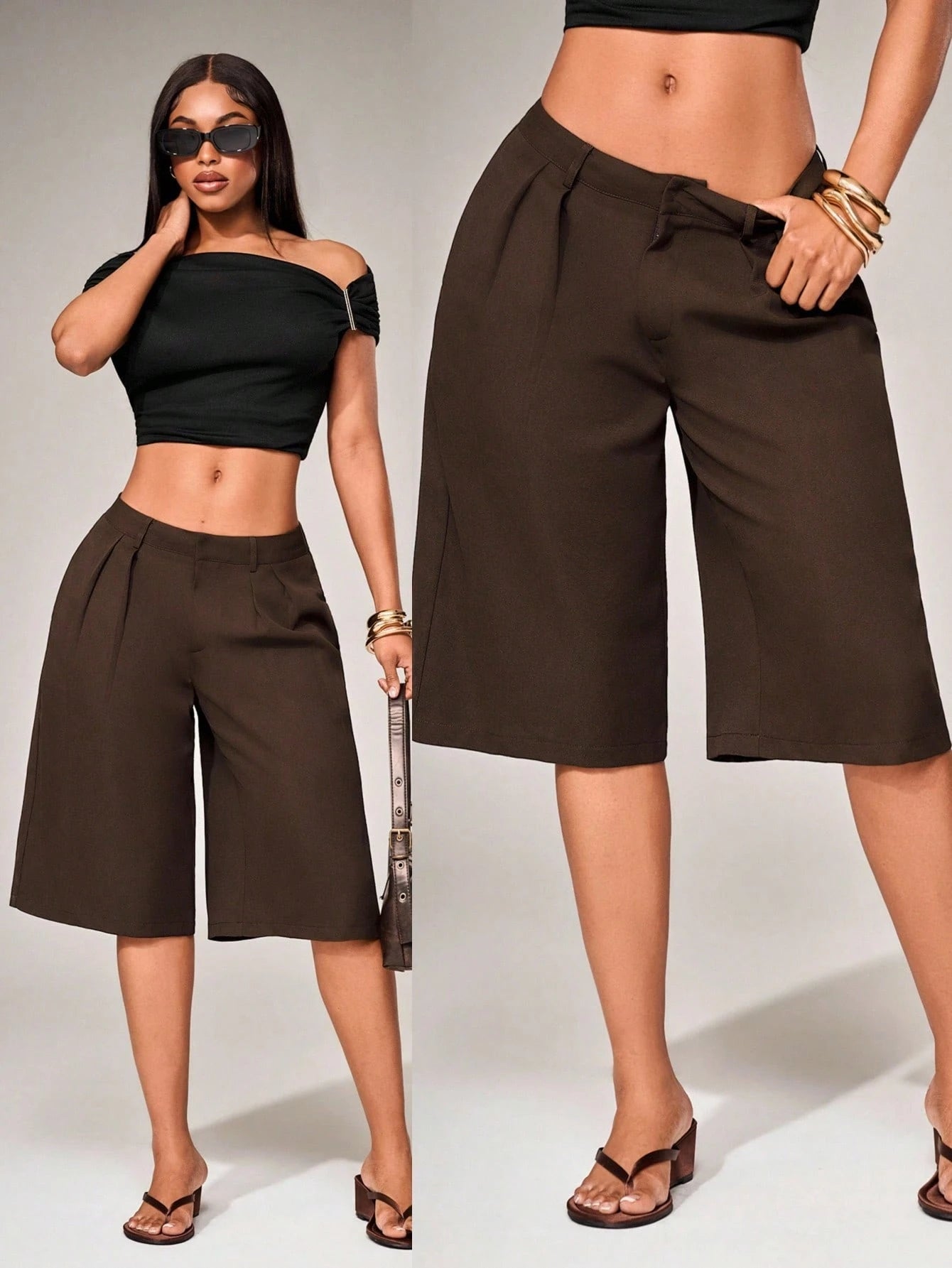 Radiana Casual Coffee Brown Woven Fabric Bermuda Shorts For Women Wide Leg Plain Zipper Detail