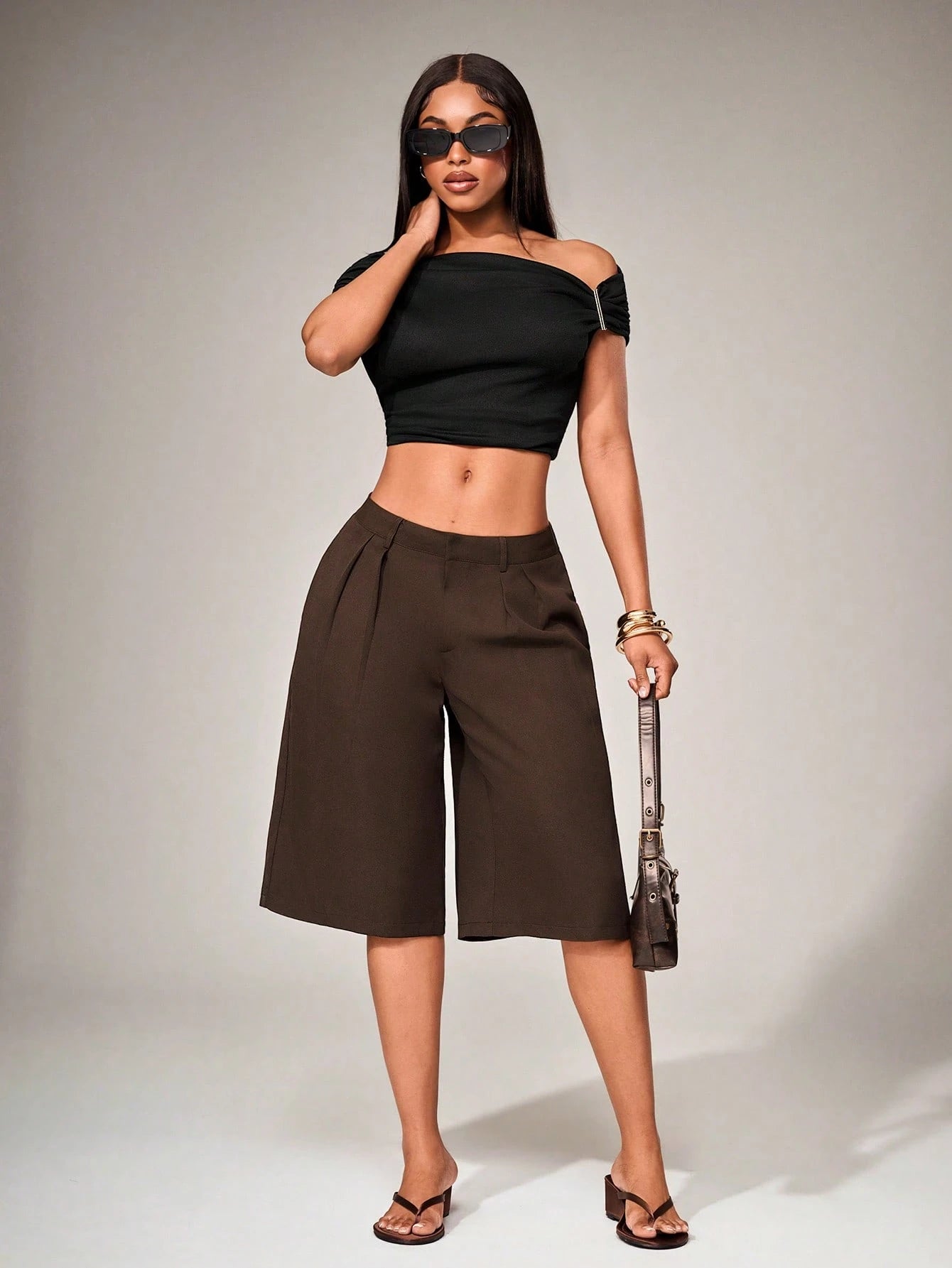 Radiana Casual Coffee Brown Woven Fabric Bermuda Shorts For Women Wide Leg Plain Zipper Detail
