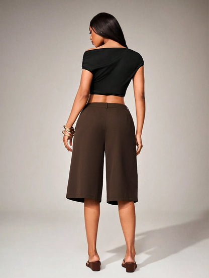Radiana Casual Coffee Brown Woven Fabric Bermuda Shorts For Women Wide Leg Plain Zipper Detail