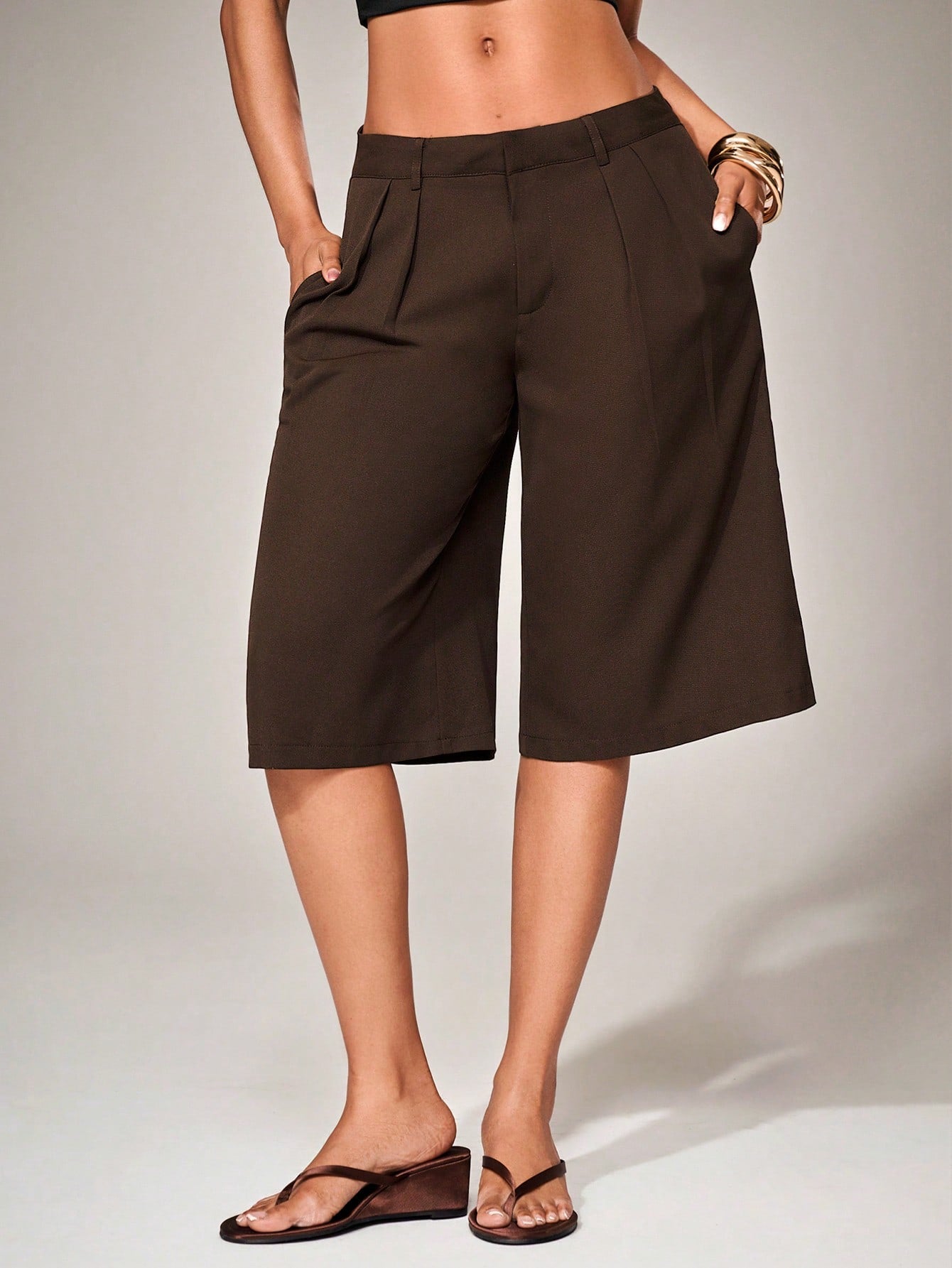 Radiana Casual Coffee Brown Woven Fabric Bermuda Shorts For Women Wide Leg Plain Zipper Detail